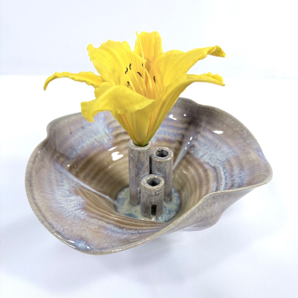 Handmade Studio Pottery Ikebana Flower Frog Bowl Tan Purple Blue Glaze Ceramic